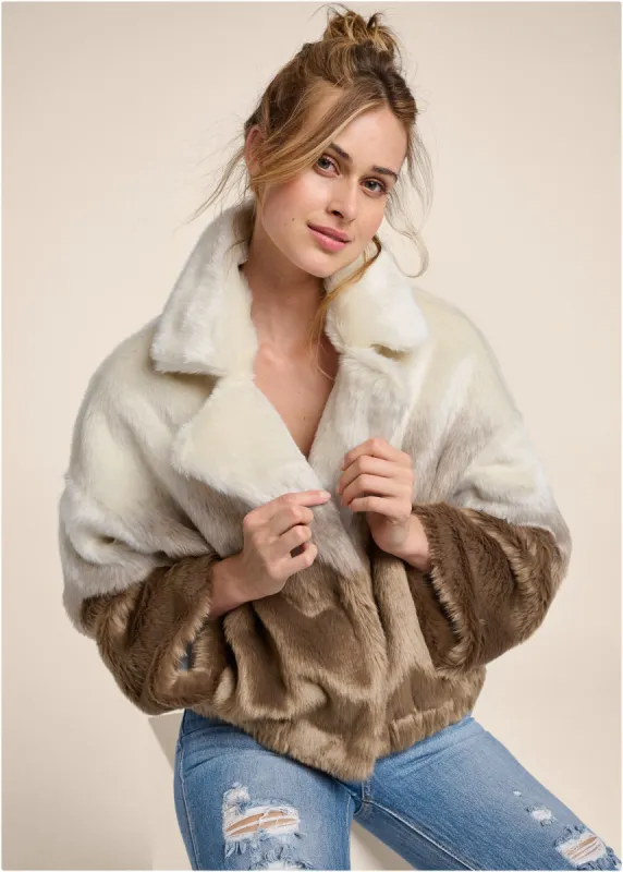 Ombre Faux Fur Coat - Cream Multi sold by VENUS