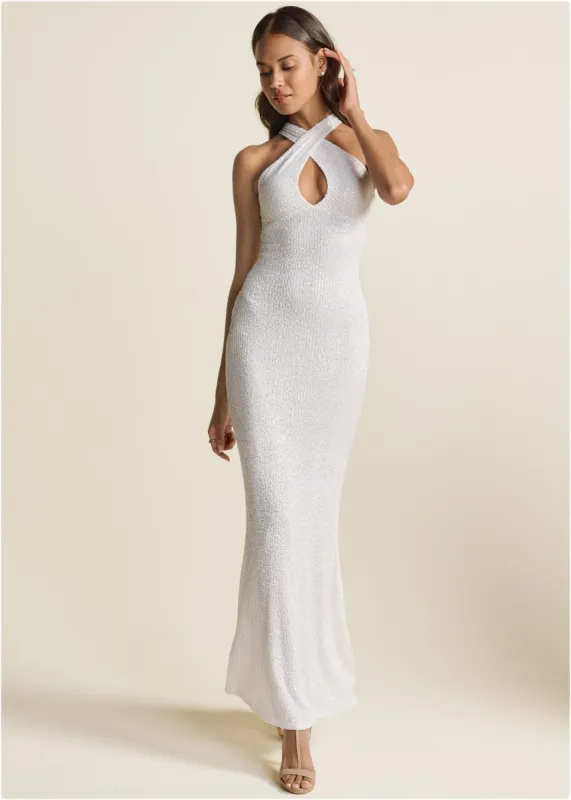 Sequin Keyhole Gown  - White sold by VENUS