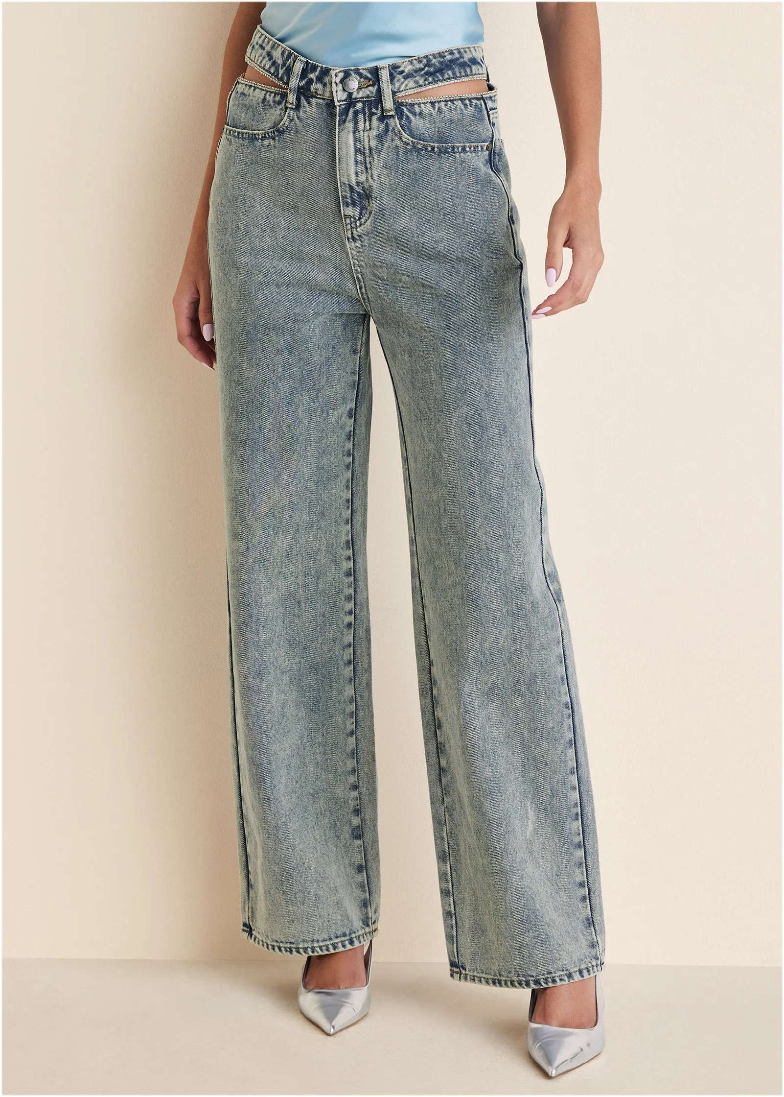 Rhinestone Cut Out Jeans - Acid Wash sold by VENUS