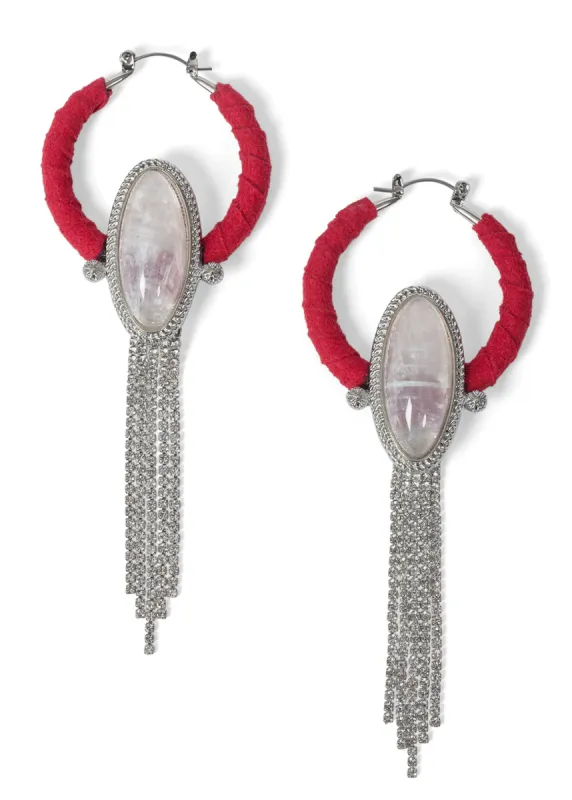 Stone & Tassel Hoop Earrings  - Silver Multi sold by VENUS
