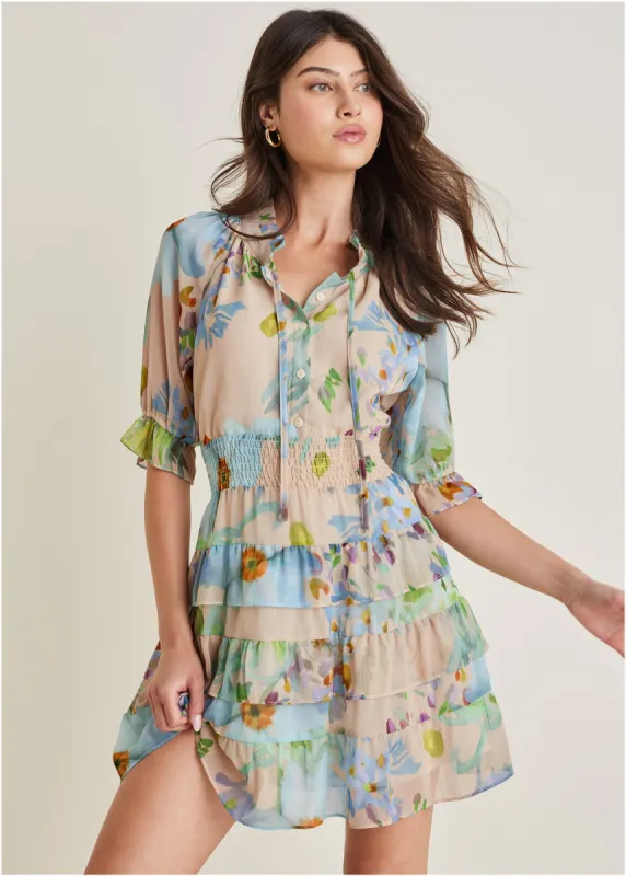 Tiered Ruffle Mini Dress - Coquette Bouquet sold by VENUS