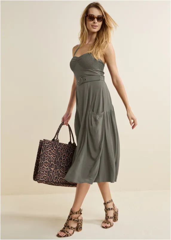 Belted Halter Midi Dress - Olive sold by VENUS