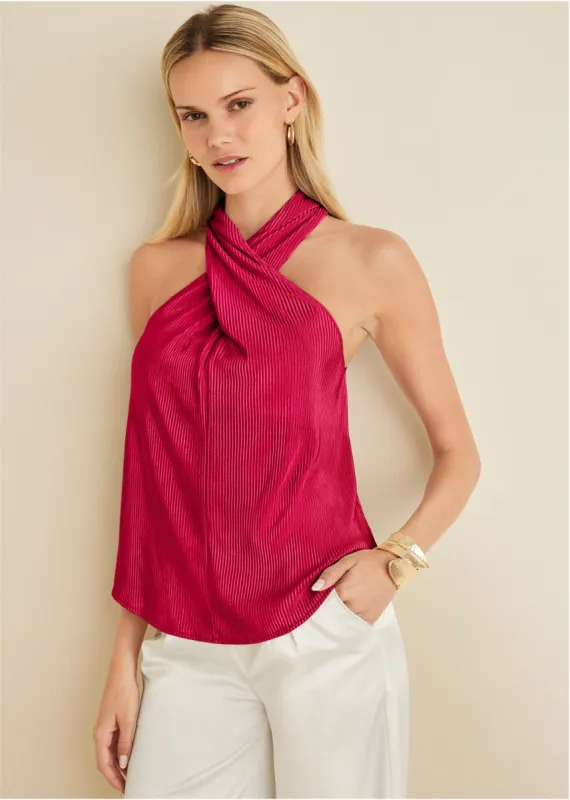 Plisse Cross Neck Tank - Red sold by VENUS
