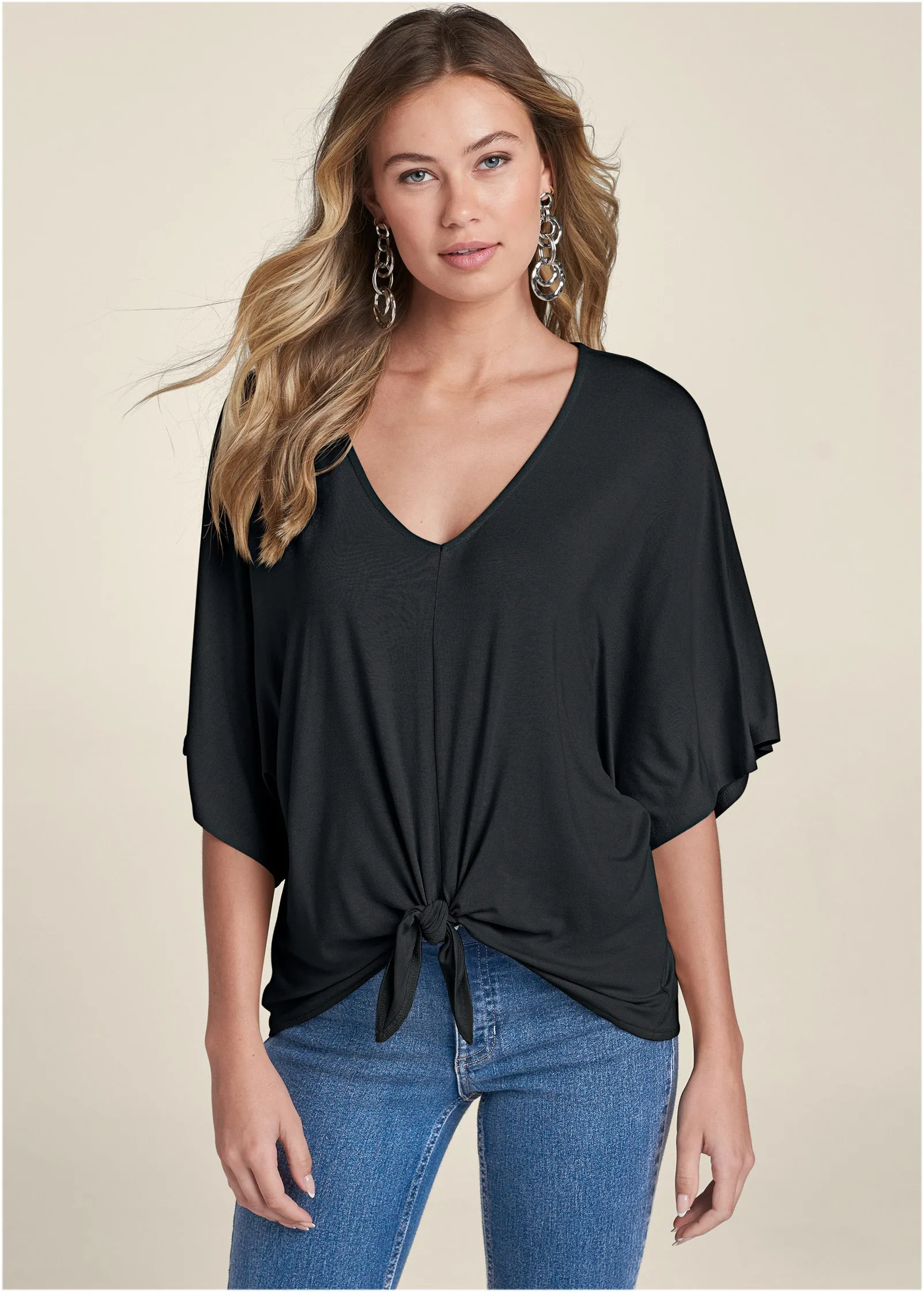 Knot Twist V-Neck Tee - Black sold by VENUS