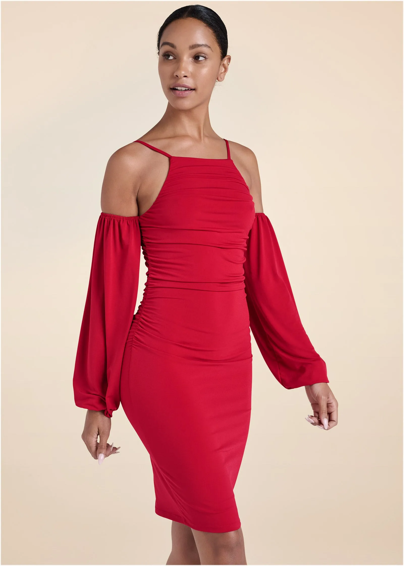 Cold-Shoulder Ruched Dress - Red sold by VENUS