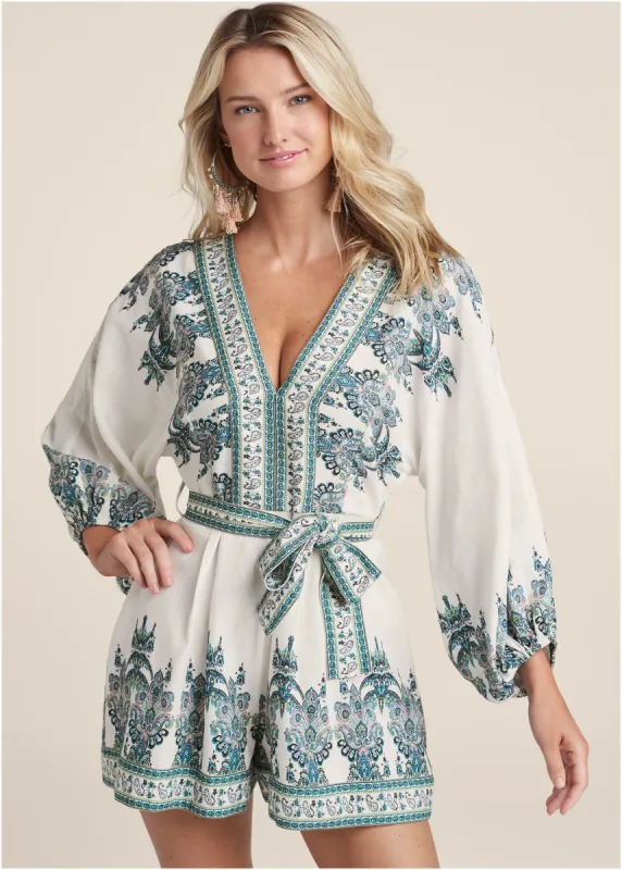 Paisley Print Linen Romper - White Multi sold by VENUS