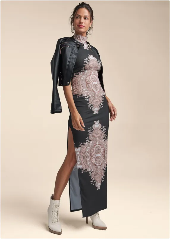 Printed Mock-Neck Dress - Black Multi sold by VENUS