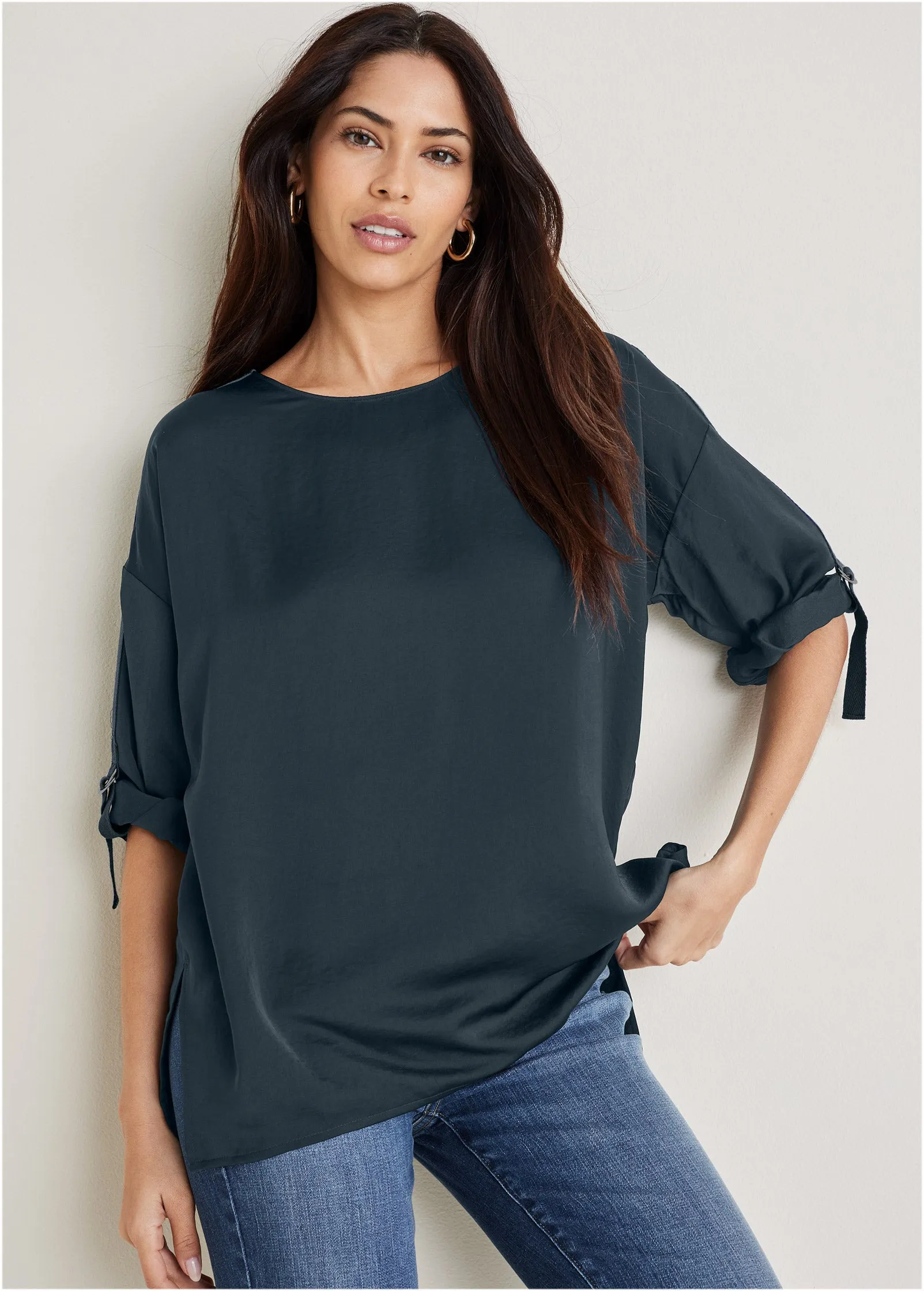 Roll Tab Sleeve Blouse - Navy sold by VENUS
