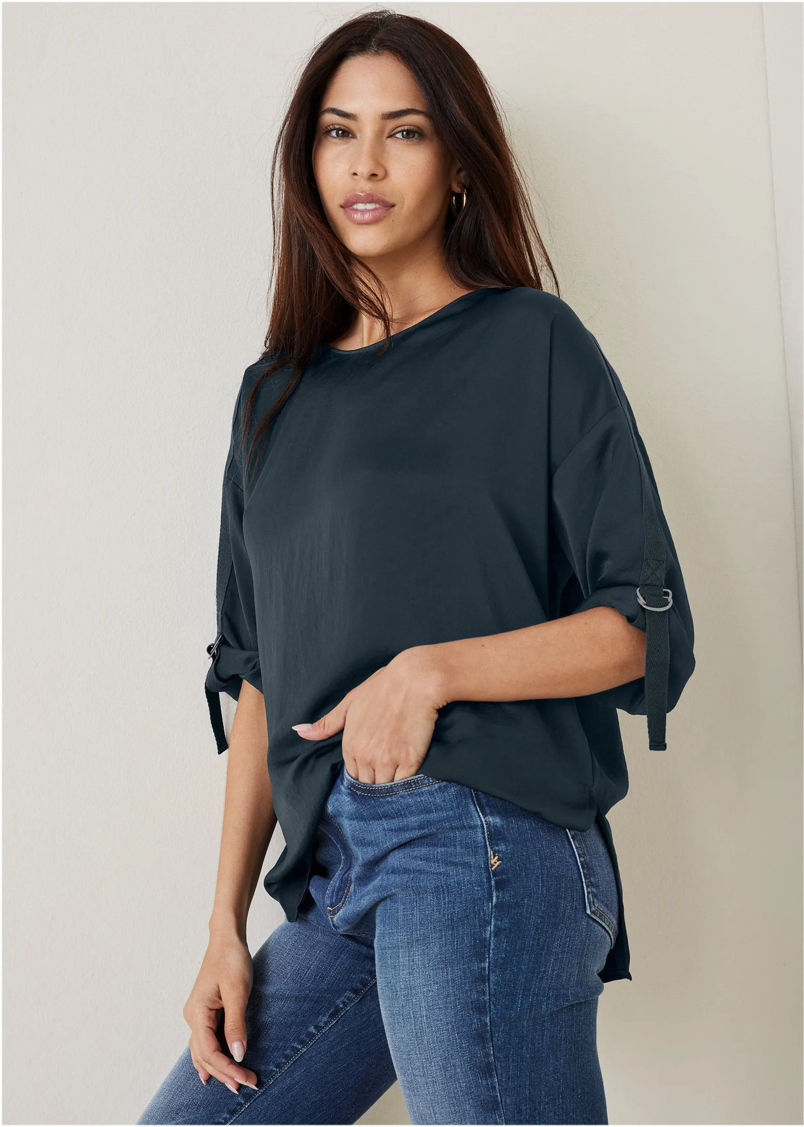 Roll Tab Sleeve Blouse - Navy sold by VENUS product image thumbnail 4