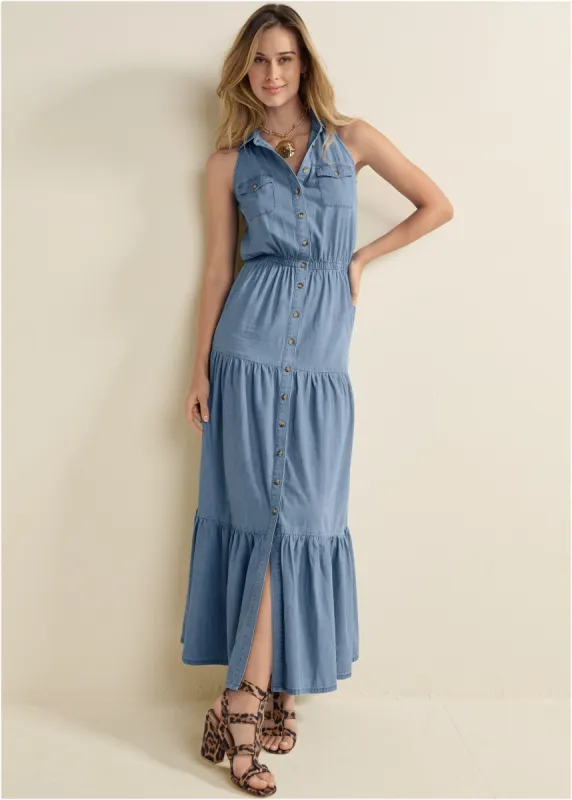 Chambray Tiered Maxi Dress  - Medium Wash sold by VENUS