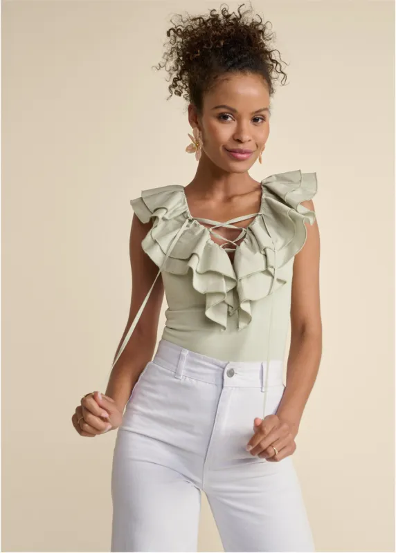 Poplin Ruffle Bodysuit - Sage sold by VENUS