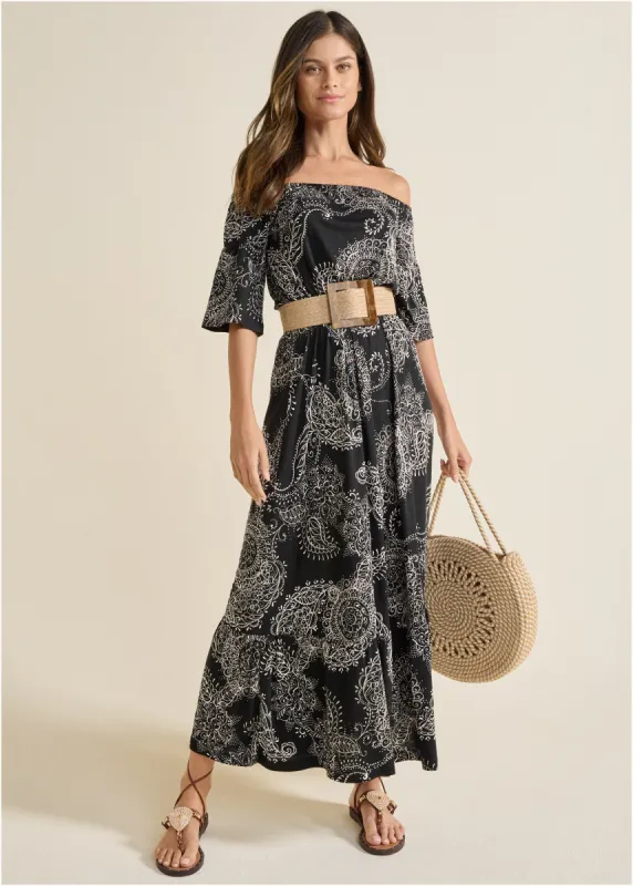 Off-The-Shoulder Maxi Dress - Black Multi sold by VENUS