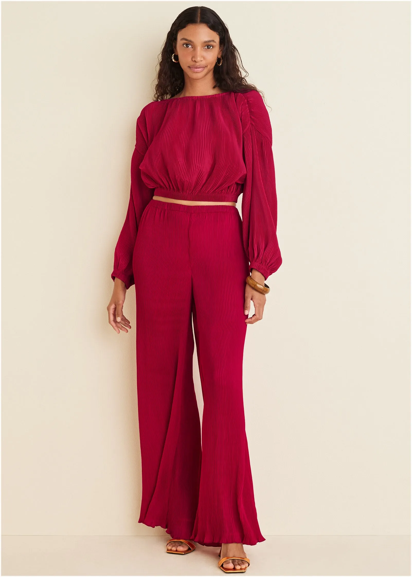 Plisse Wide Leg Pants - Red sold by VENUS