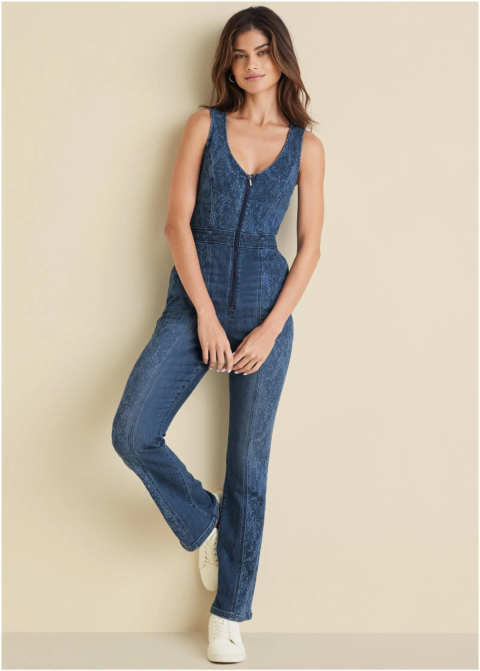 Lace Print Denim Jumpsuit - Medium Wash sold by VENUS