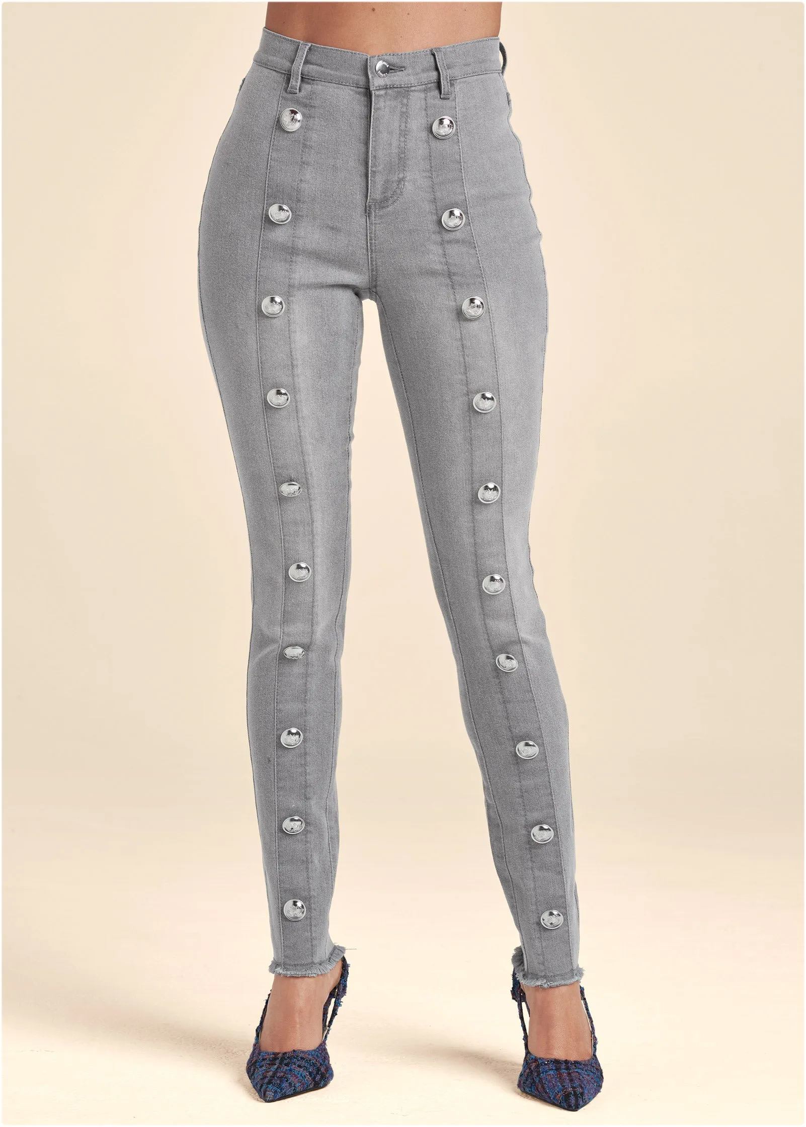 High Rise Button Detail Skinny Jeans - Grey Denim sold by VENUS