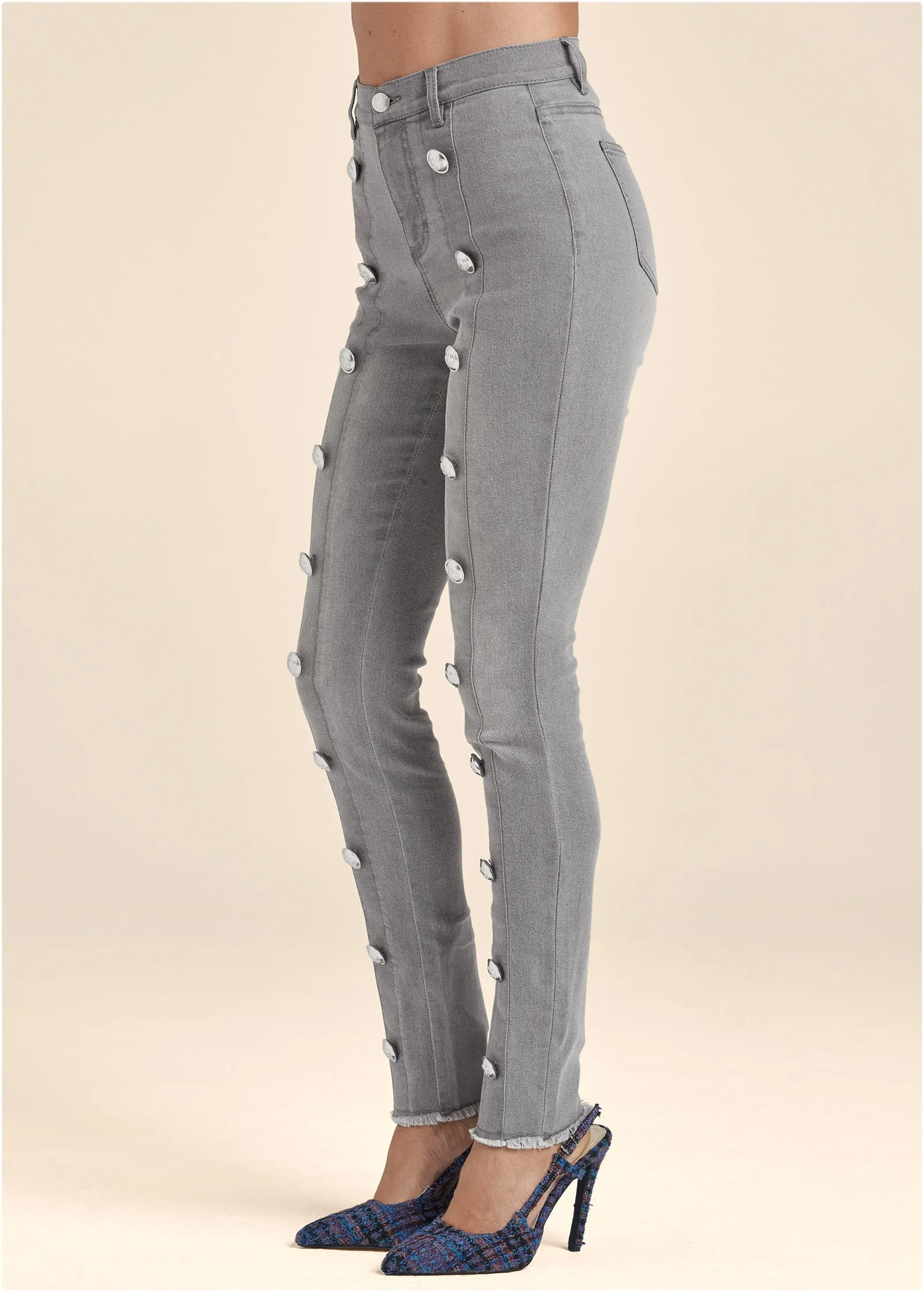High Rise Button Detail Skinny Jeans - Grey Denim sold by VENUS product image thumbnail 3