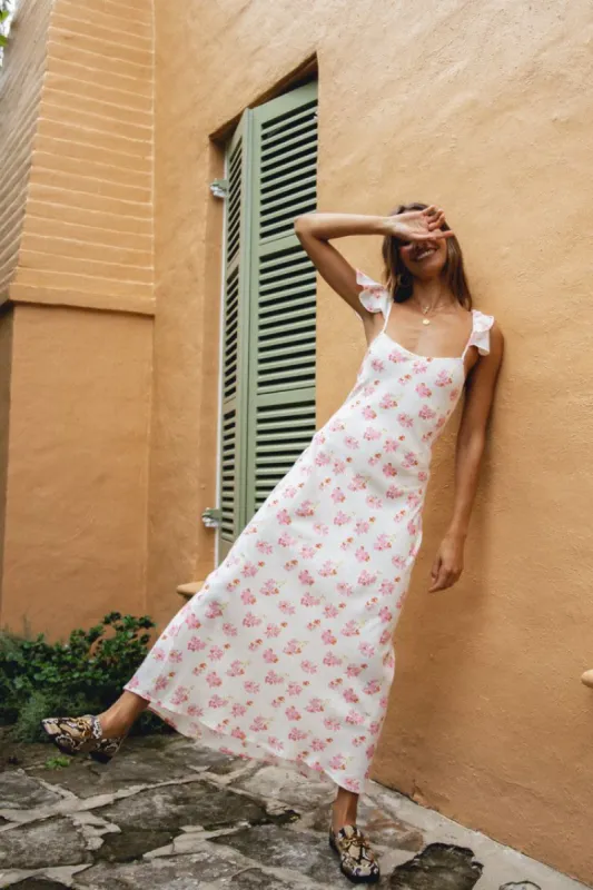 VRG GRL Love Language Bias Cut Midi Dress // Pink Floral sold by Verge Girl