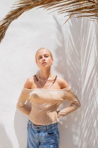 VRG GRL Tropical Noir Knit Top // Beige sold by Verge Girl