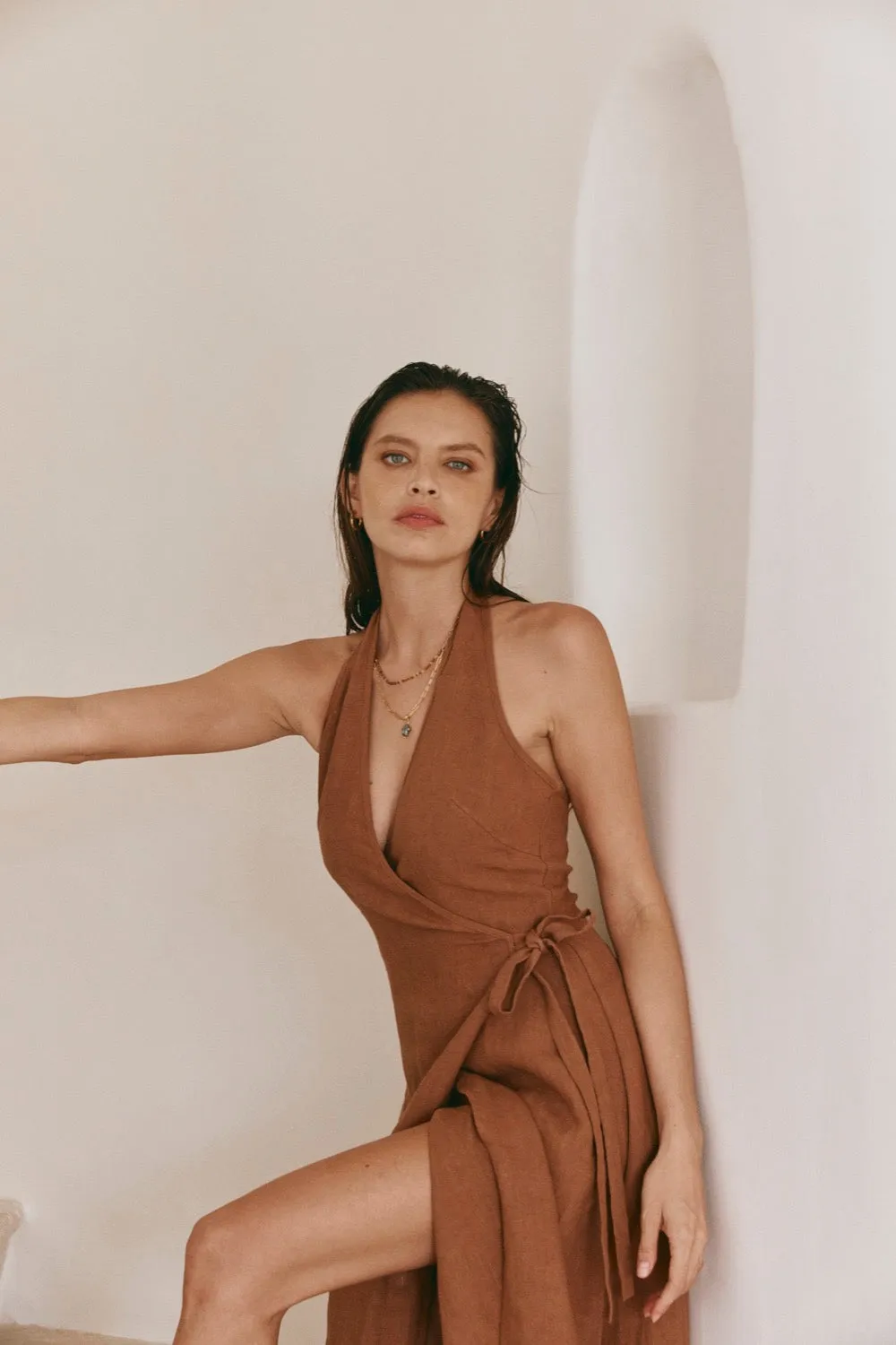 Sonny Linen Midi Wrap Dress Tan sold by Verge Girl product image thumbnail 2