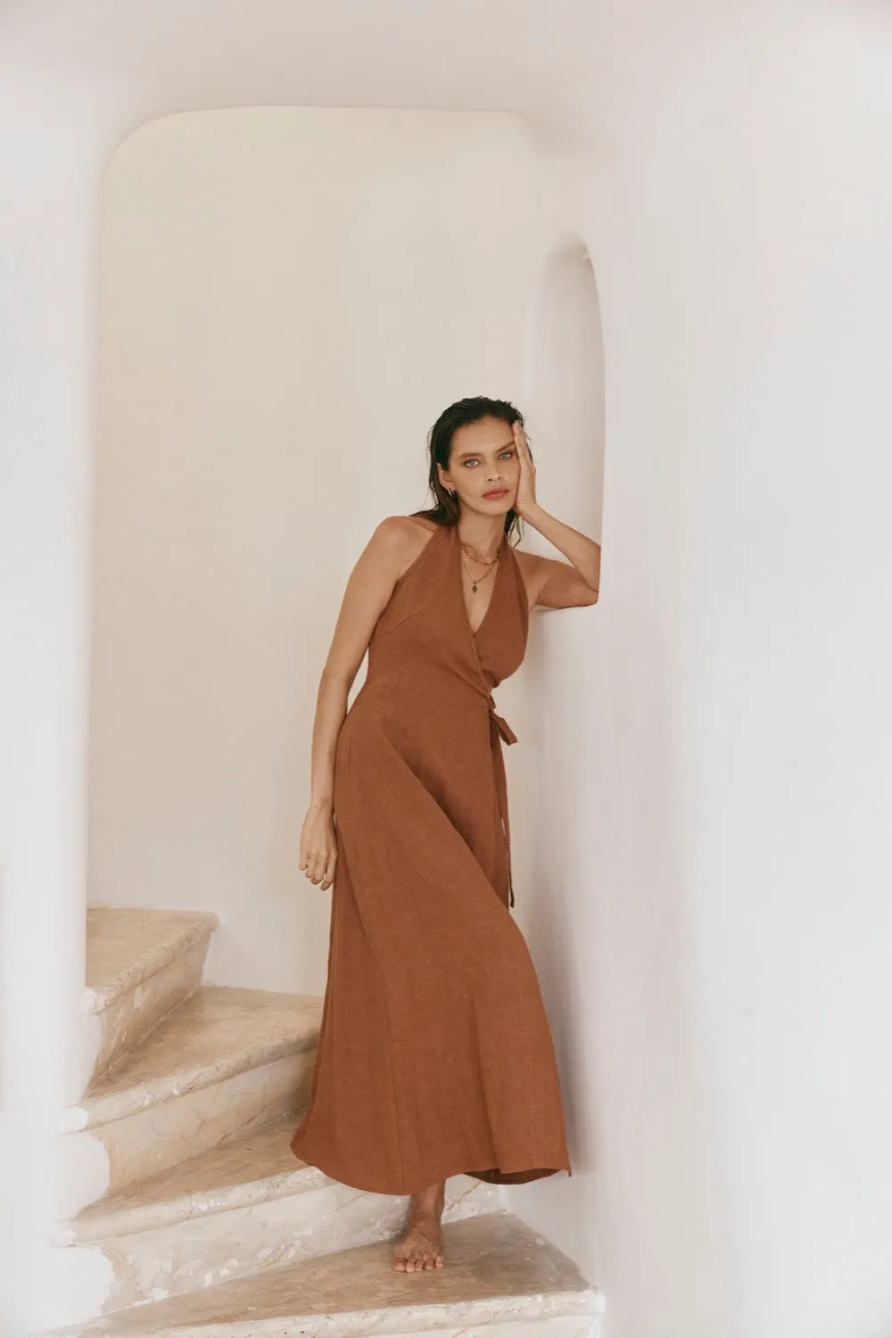 Sonny Linen Midi Wrap Dress Tan sold by Verge Girl product image thumbnail 3