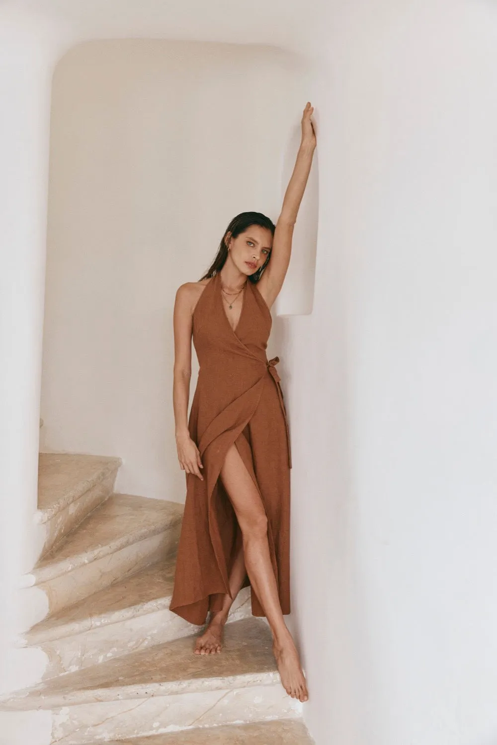 Sonny Linen Midi Wrap Dress Tan sold by Verge Girl