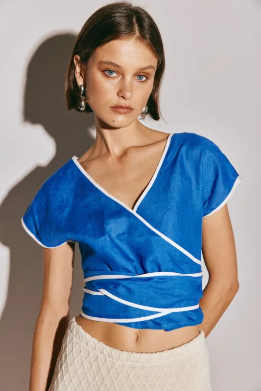 Sea Glass Linen Wrap Top Blue sold by Verge Girl