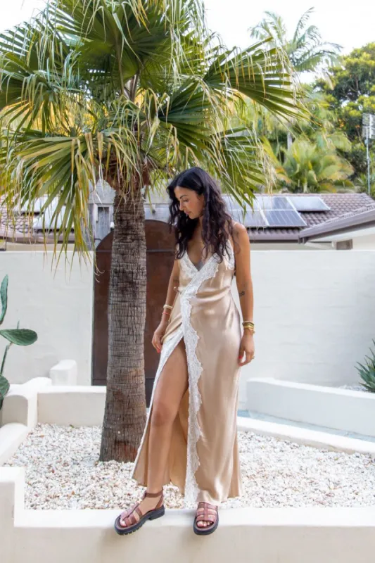 Desert Riviera Wrap Maxi Dress Taupe sold by Verge Girl