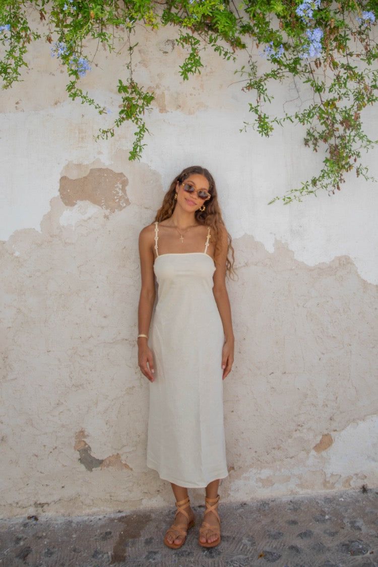 VRG GRL Floria Bias Cut Midi Dress // Cream sold by Verge Girl