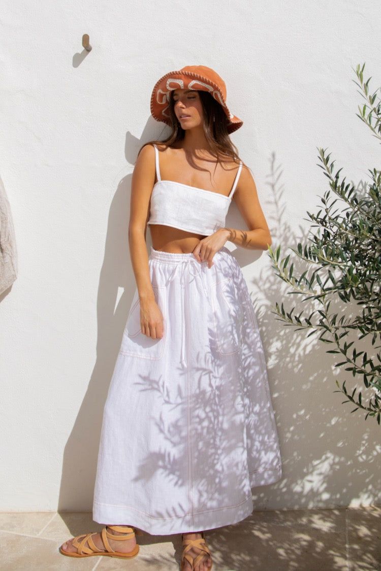 Cariño Linen Midi Skirt White sold by Verge Girl