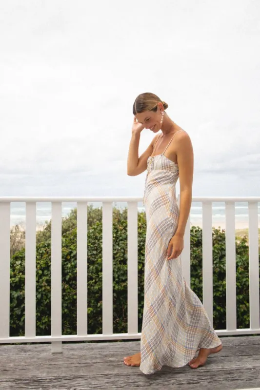 VRG GRL Seine At Sunset Bias Cut Maxi Dress // Check sold by Verge Girl