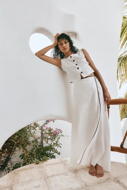 Loren Linen Wrap Maxi Skirt White sold by Verge Girl