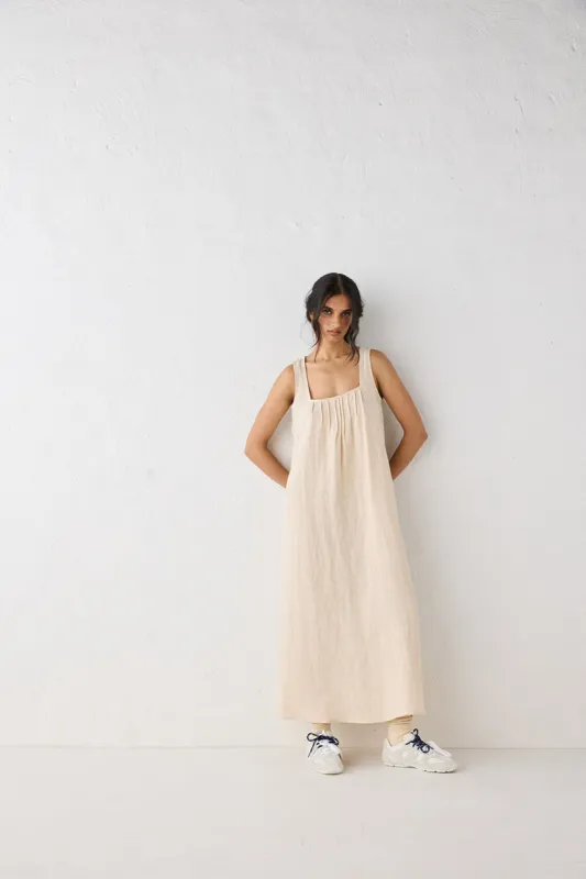 San Paolo Smock Linen Midi Dress Natural sold by Verge Girl