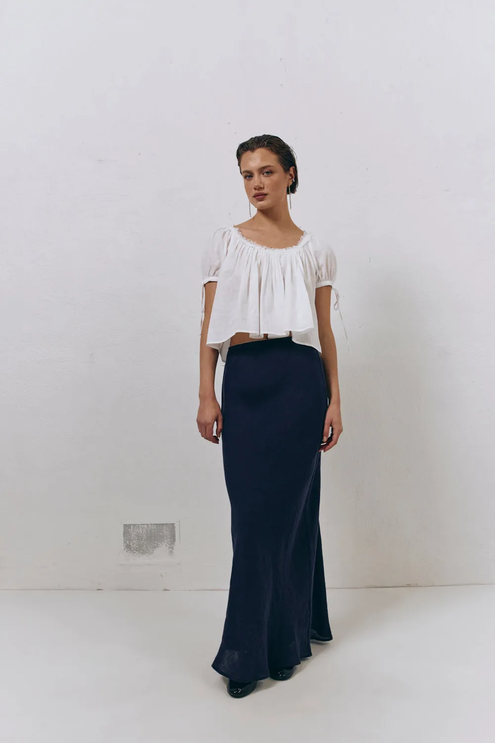 Italian Streets Linen Bias Cut Maxi Skirt Navy sold by Verge Girl