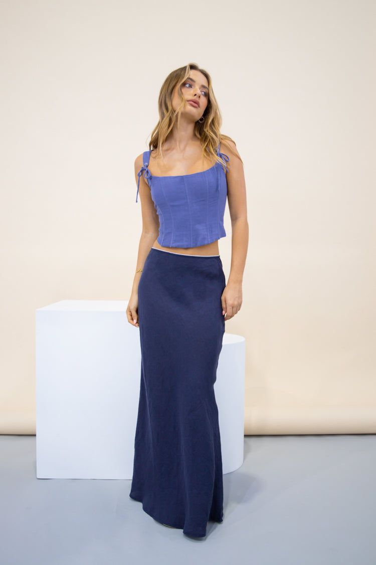 VRG GRL Italian Streets Linen Bias Cut Maxi Skirt // Navy sold by Verge Girl product image thumbnail 8