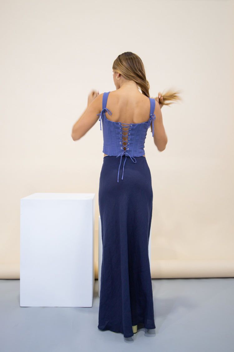 VRG GRL Italian Streets Linen Bias Cut Maxi Skirt // Navy sold by Verge Girl product image thumbnail 5