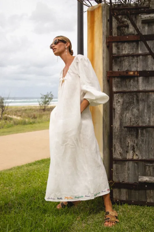 VRG GRL Destinations Linen Smock Midi Dress // White sold by Verge Girl