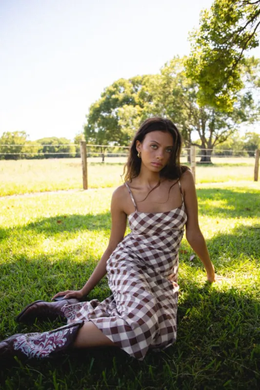 VRG GRL Nights In Ipanema Bias Cut Midi Dress // Brown Check sold by Verge Girl