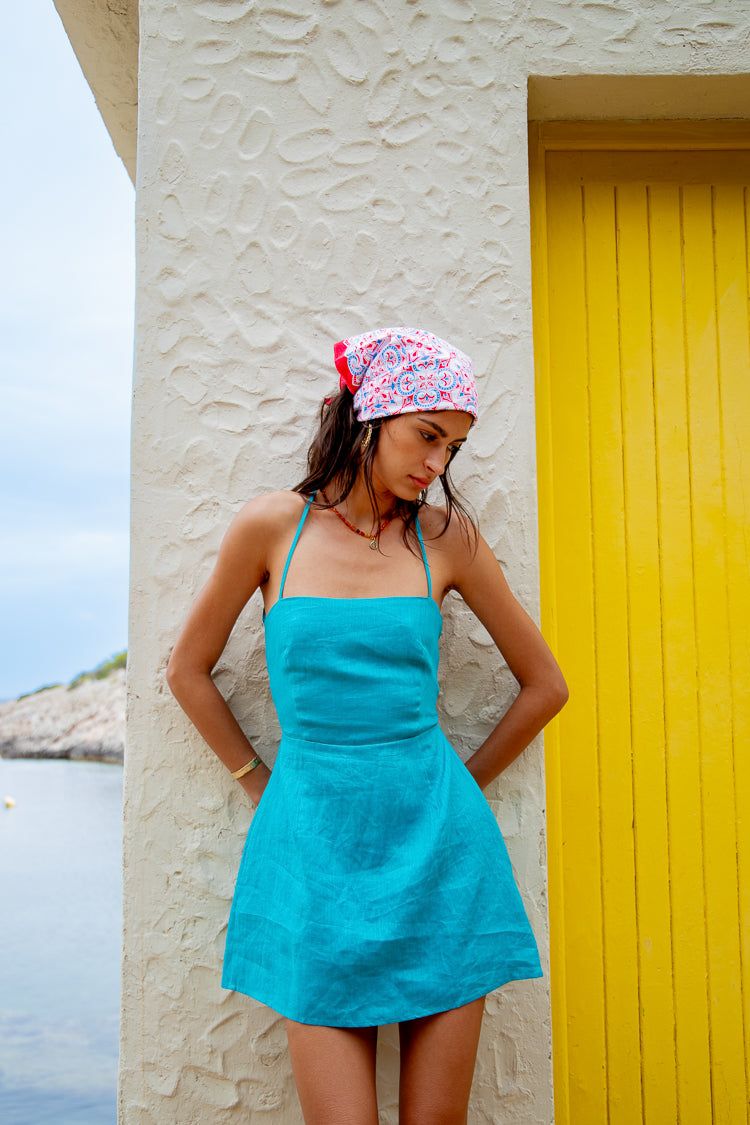 VRG GRL Sol De Niña Linen Mini Dress // Teal sold by Verge Girl