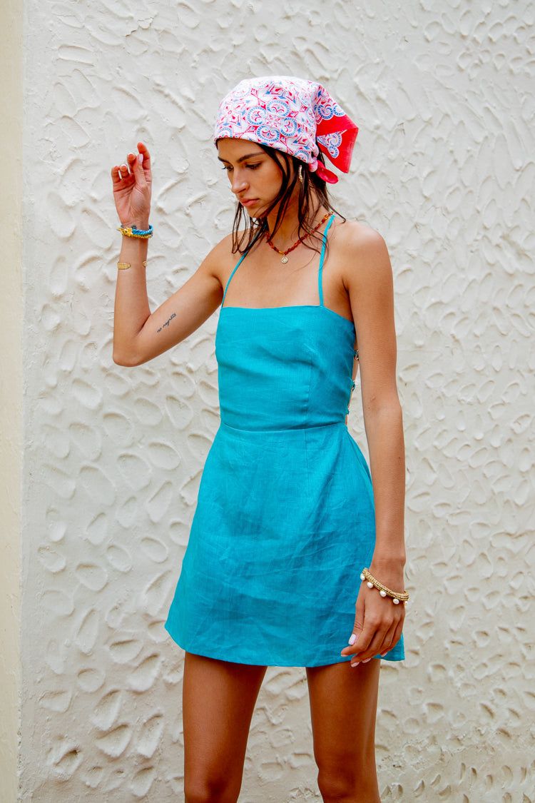 VRG GRL Sol De Niña Linen Mini Dress // Teal sold by Verge Girl product image thumbnail 3
