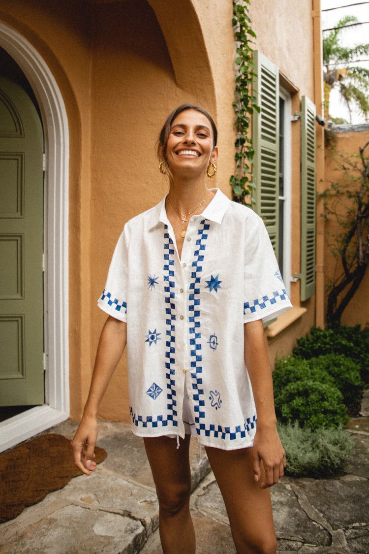 Mediterranean Blue Linen Button Front Shirt Blue sold by Verge Girl