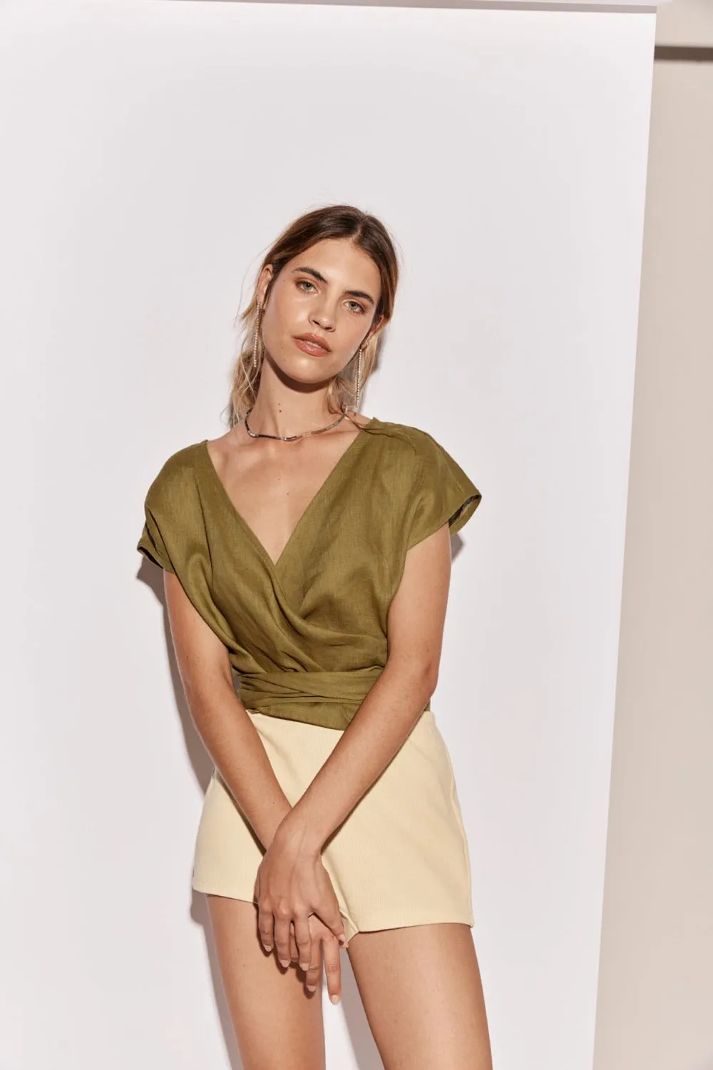 Sea Glass Linen Wrap Top Olive sold by Verge Girl product image thumbnail 5
