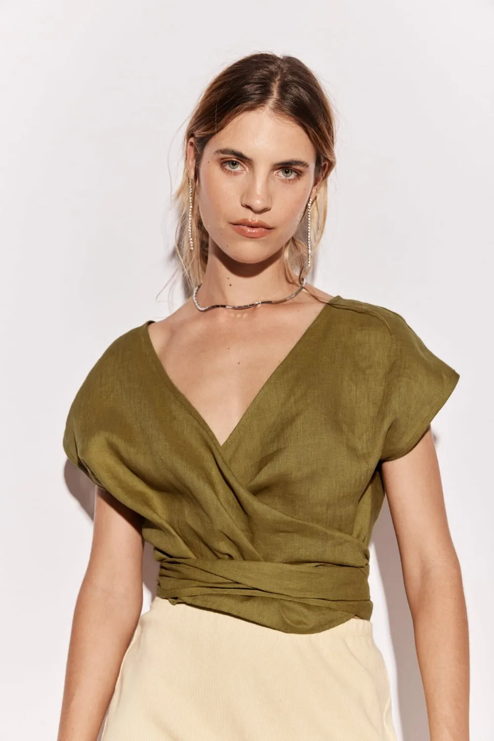 Sea Glass Linen Wrap Top Olive sold by Verge Girl