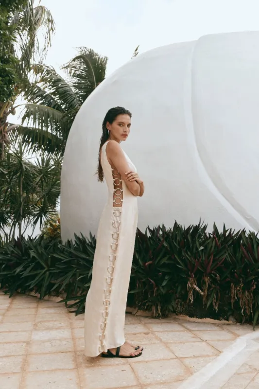 Discoteca Linen Maxi Dress Cream sold by Verge Girl