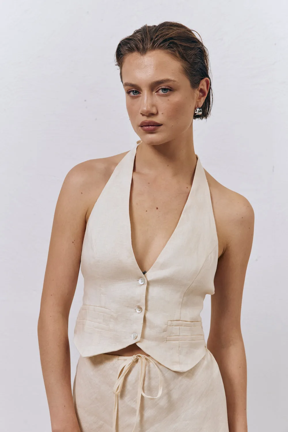 Los Cabos Linen Vest Cream sold by Verge Girl product image thumbnail 5