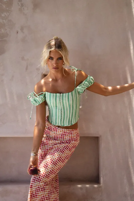 VRG GRL Streets & Shorelines Linen Corset Top // Green Geo sold by Verge Girl