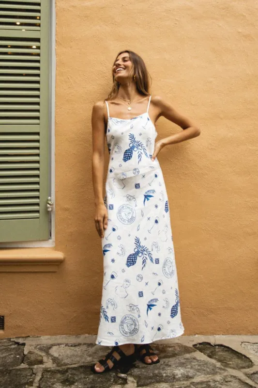 VRG GRL Le Sirenuse Bias Cut Linen Midi Dress // Print sold by Verge Girl