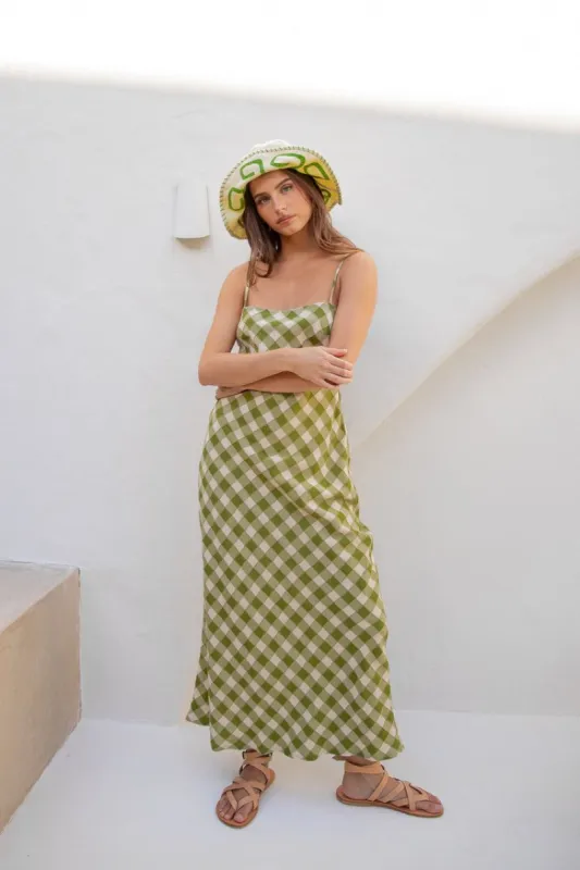 VRG GRL Nights In Ipanema Bias Cut Midi Dress // Green Check sold by Verge Girl