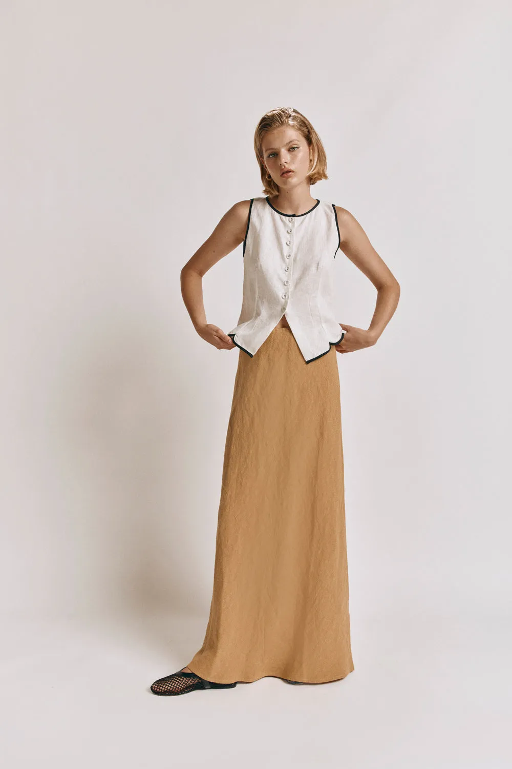Arlia Linen Bias Cut Maxi Skirt Ochre sold by Verge Girl