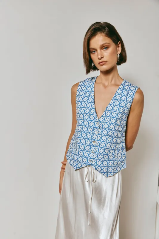 Sun Seeker Linen Vest Blue sold by Verge Girl