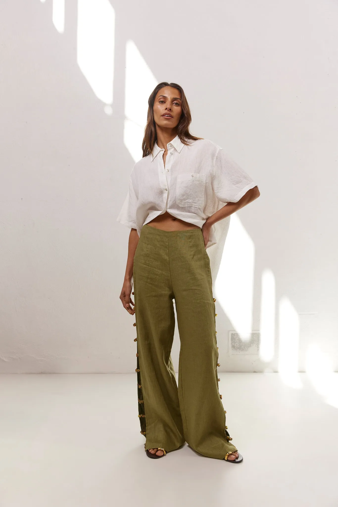 Tia Linen Pants Olive sold by Verge Girl